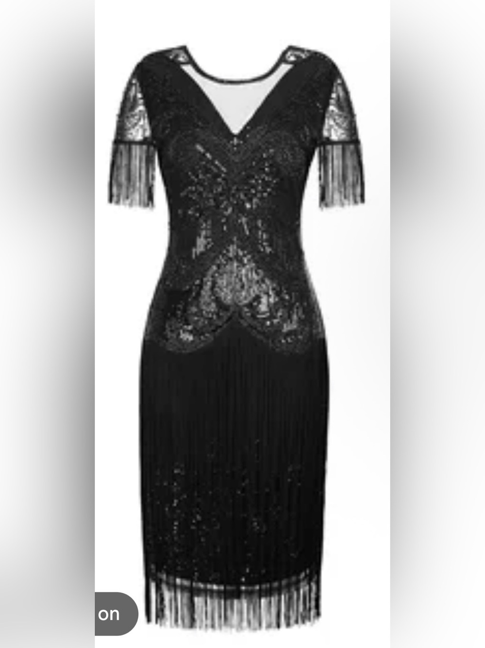Black Sequin Fringe Midi Dress with V-Neck